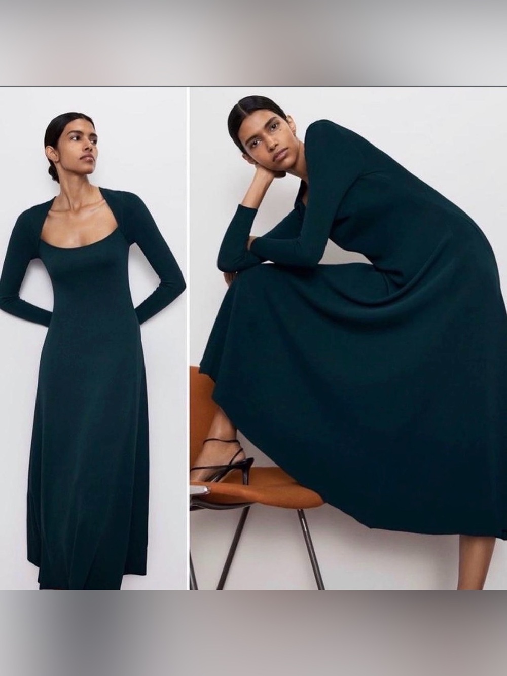 Zara Long-Sleeve Boat Neck Maxi Dress in Deep Green size Medium